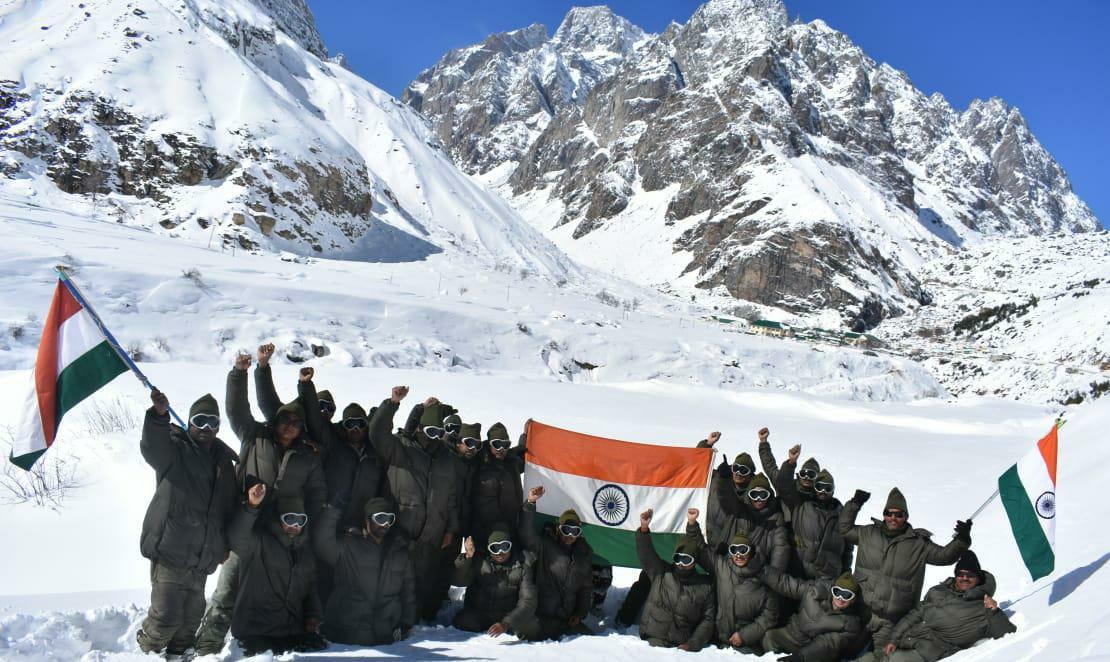 ITBP troops wave national flags at 12,000 feet