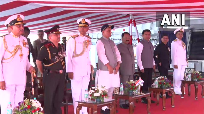 Defence Minister Rajnath Singh attends the commissioning ceremony of INS Mormugao in Mumbai