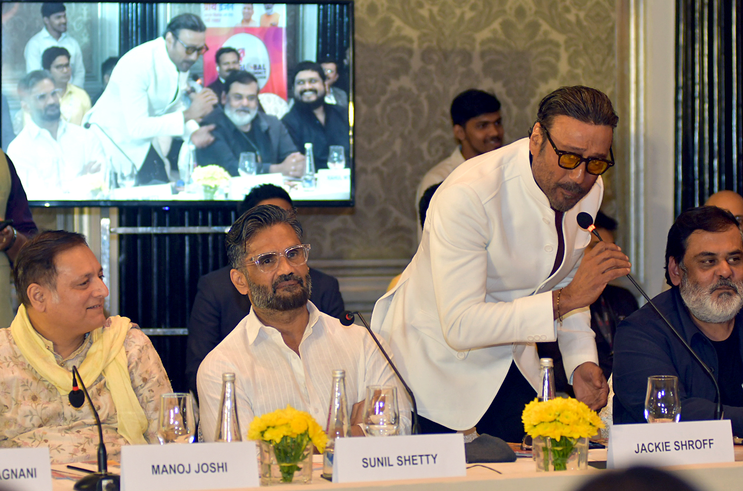 Jackie Shroff speaks at the meeting with Yogi Adityanath