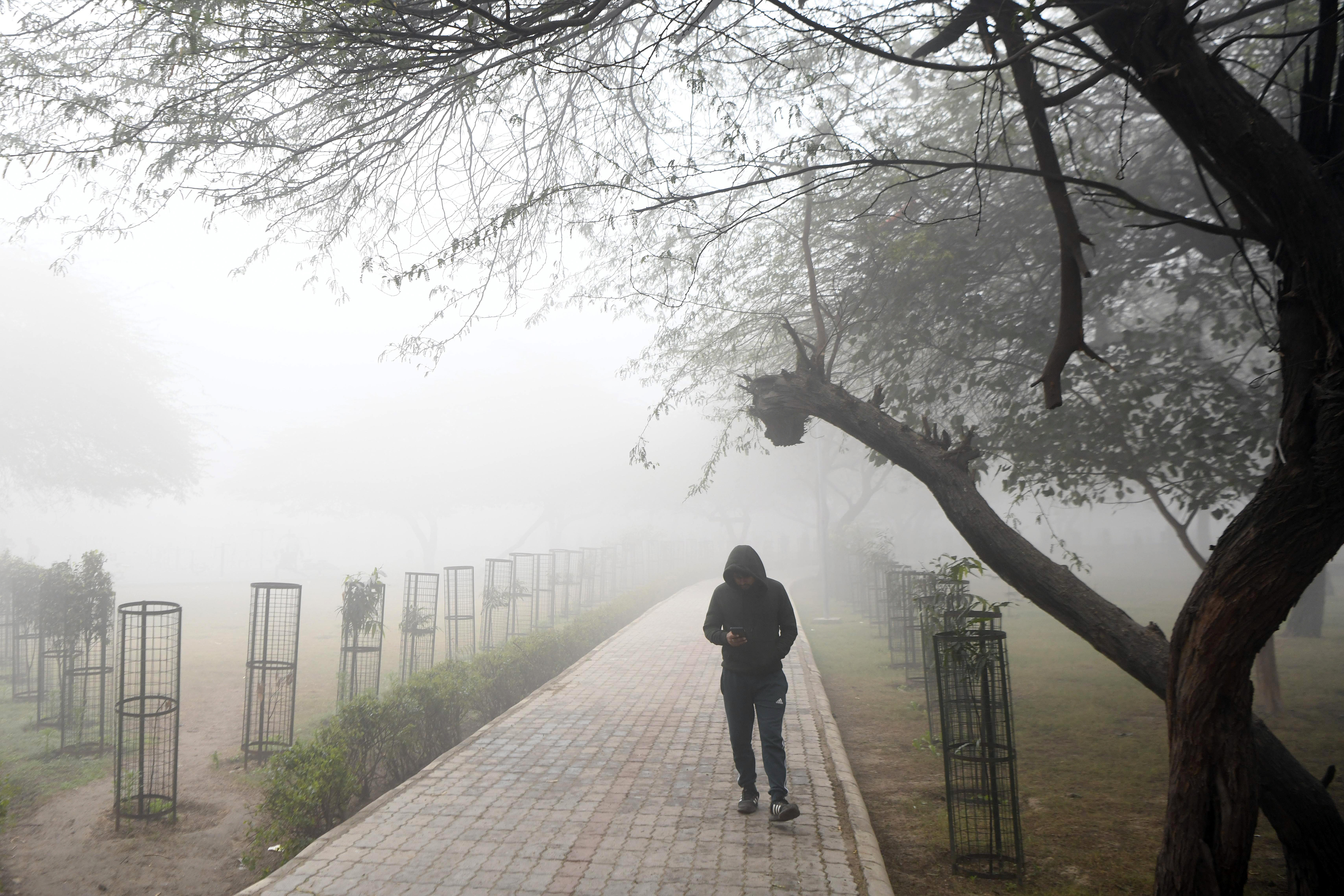 A man takes a walk in a park on a cold winter day