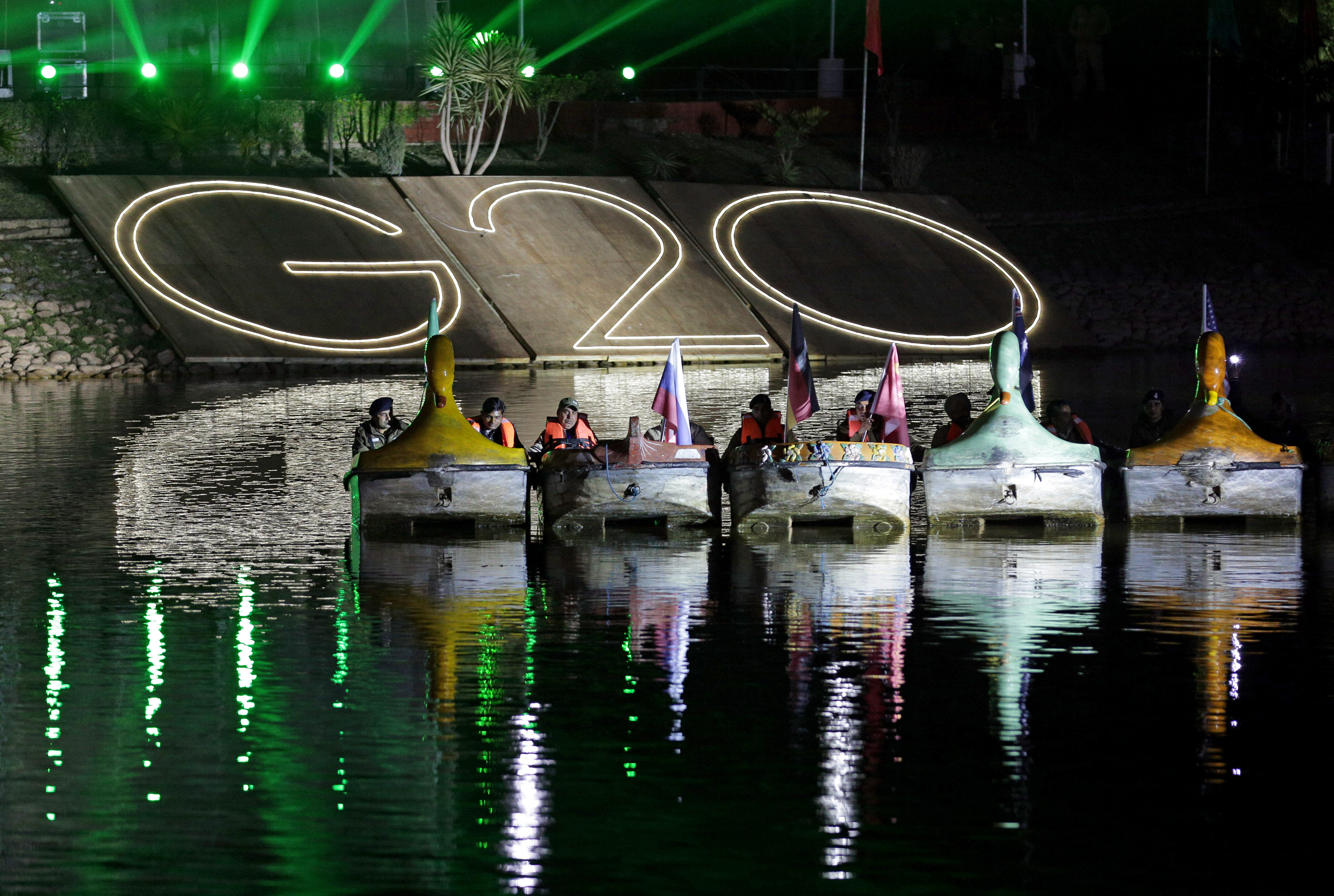 Boats with participating nations’ flags on them at the Sukhna lake