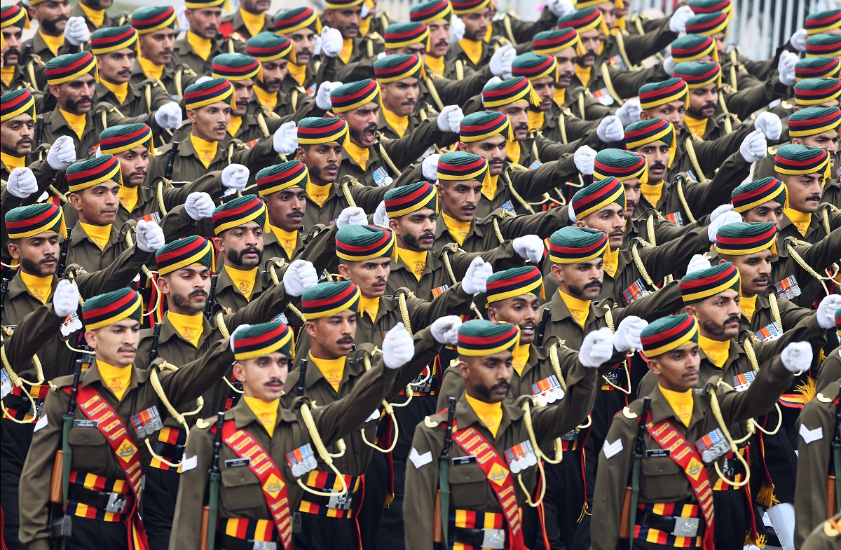 Dogra Regiment contingent marches past during the 74th Republic Day celebrations