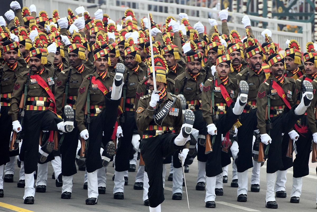 Mechanised Infantry Regiment contingent marches past during the 74th Republic Day celebrations