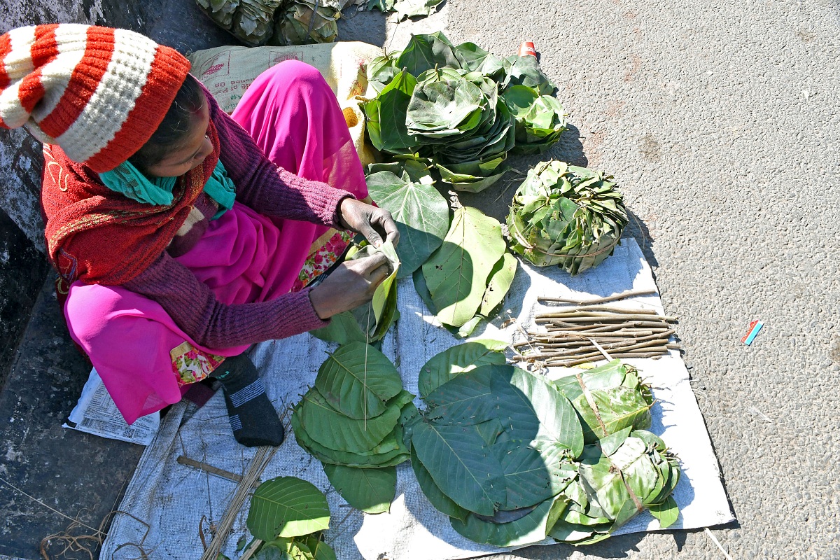 Ranchi market: A tribal woman preparing disposal leaf plates to sell