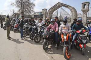 Participants take part in the ‘Drug Free Kashmir and Peace in Kashmir’ bike rally