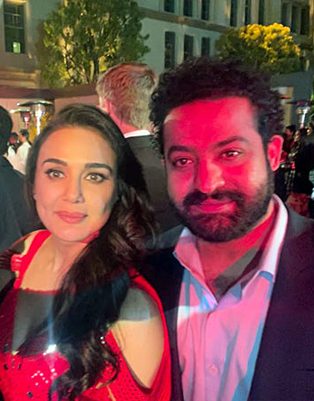 Jr NTR and Preity Zinta pose for a photo at Pre-Oscars event