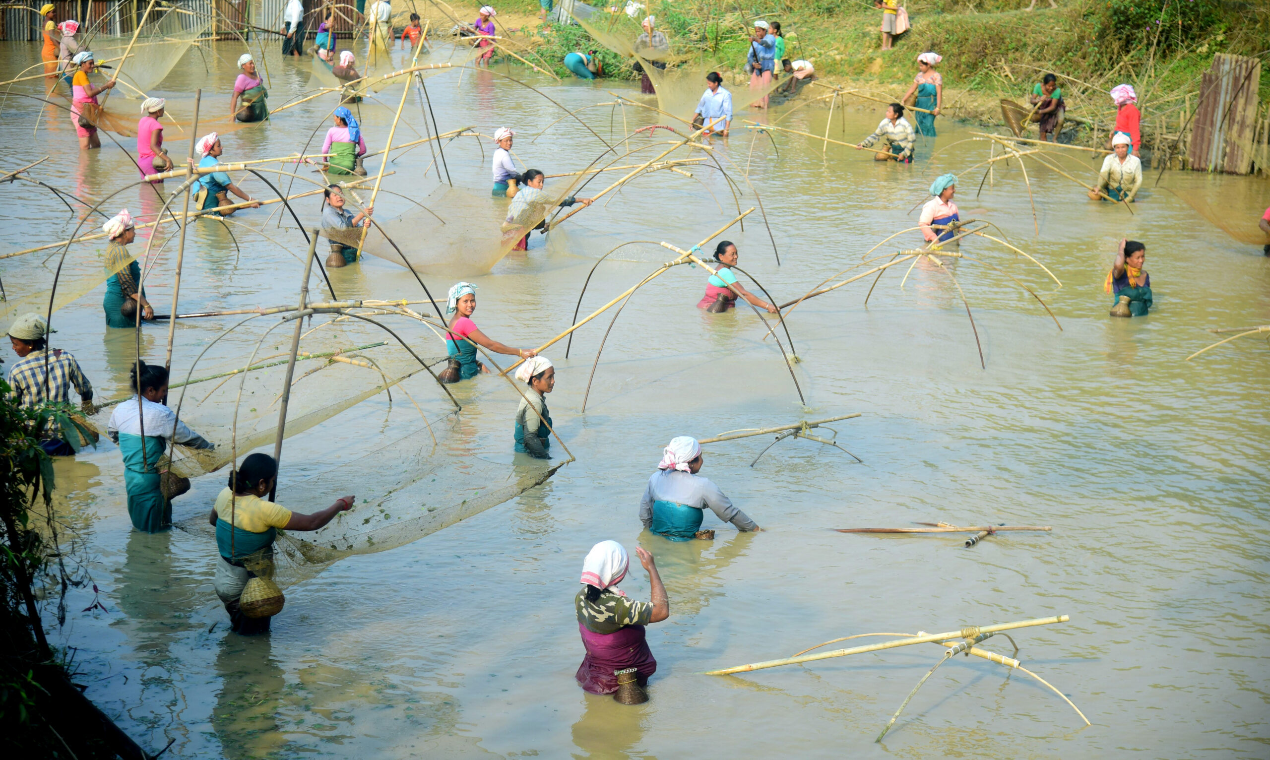 Fisherwomen catch fish in the Sonedonga river during the community fishing