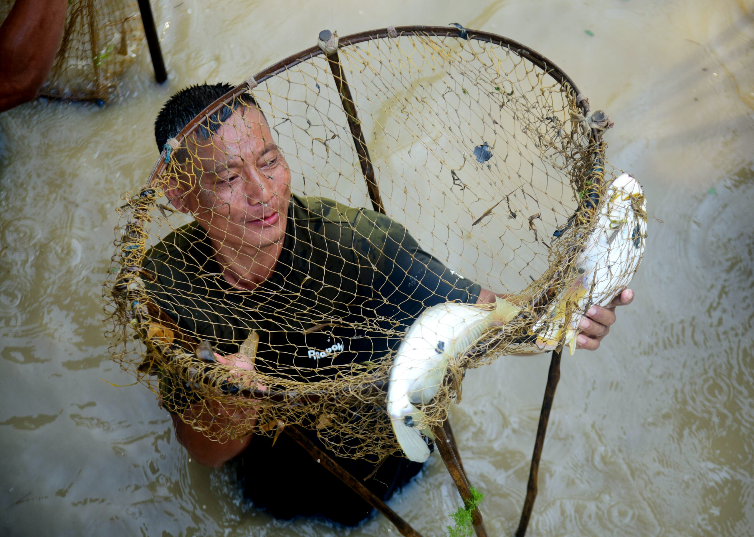 Fishermen catch fish in Sonedonga river during community fishing