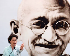 Priyanka Gandhi Vadra addresses the crowd during the Sankalp Satyagraha