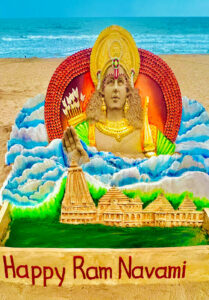 A sand sculpture of idol Lord Ram along with miniature of Ayodhya’s Ram Temple