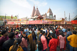 Devotees wait outside Mahaveer temple to offer prayer on the occassion of Ram Navami