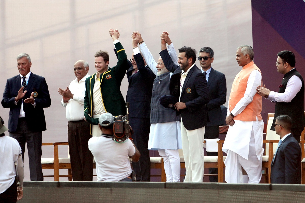 Narendra Modi, Anthony Albanese, Australian skipper Steven Smith and Indian skipper Rohit Sharma during a ceremony ahead of the 4th Test between India and Australia