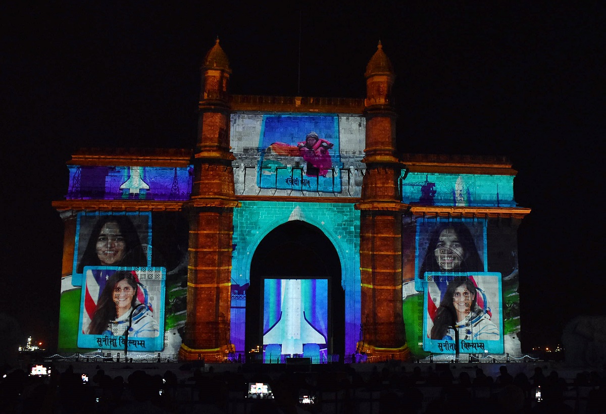 Images of Kalpana Chawla and Sunita Williams being projected on the occasion of International Women’s Day