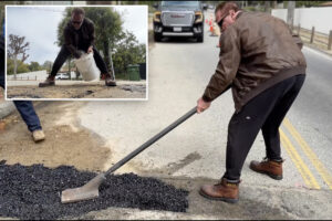 Fed up by pothole in la, Arnold Schwarzenegger fills it himself