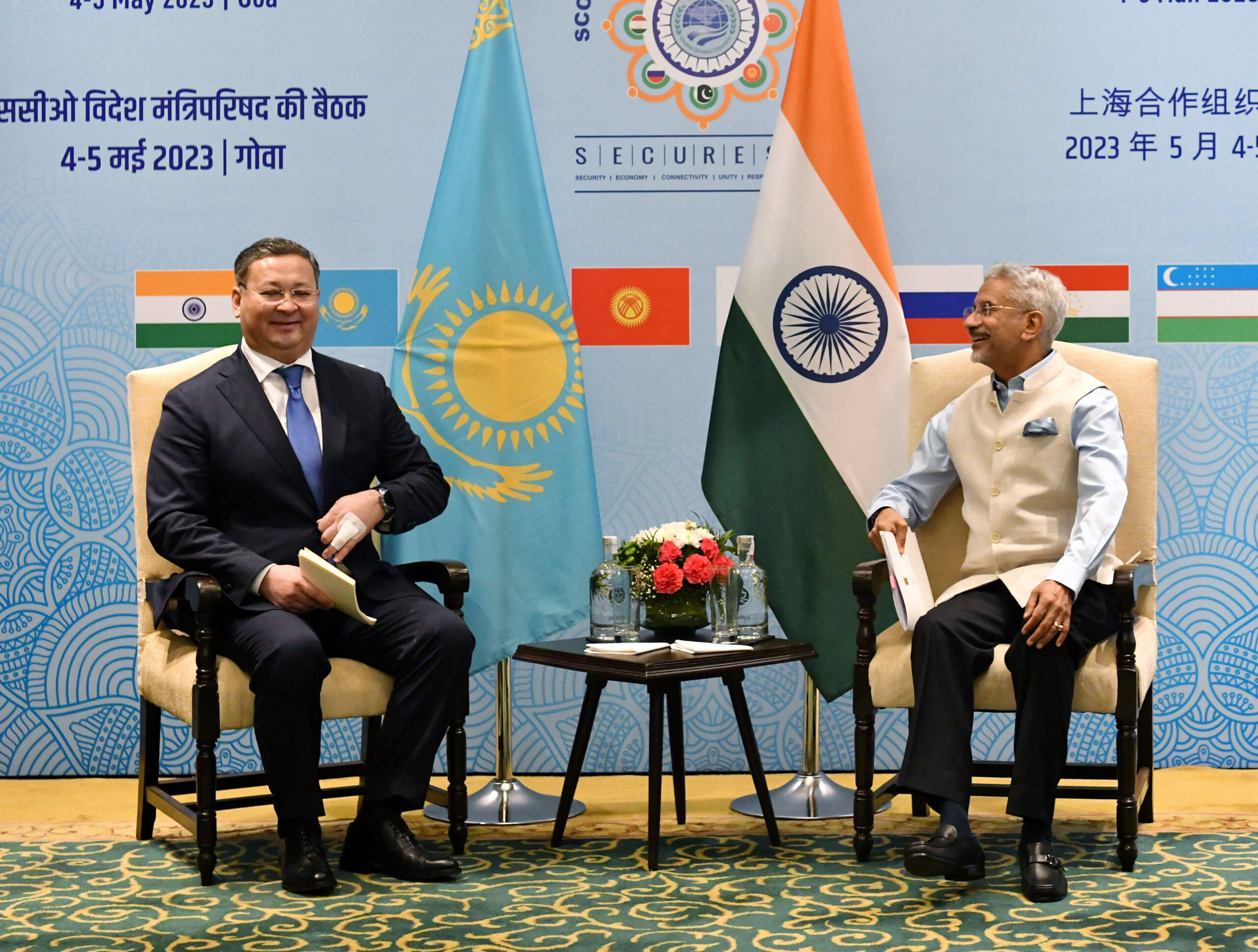 External Affairs Minister S. Jaishankar during a meeting with the foreign minister of Kazakhstan, Mukhtar Tileuberdi,