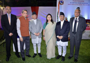 Nepal PM Prachanda and Meenakshi Lekhi attend a reception hosted by Nepal Embassy