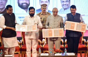 Maharashtra CM Eknath Shinde releases stamp tributing achievements of Chhatrapati Shivaji Maharaj in Mumbai