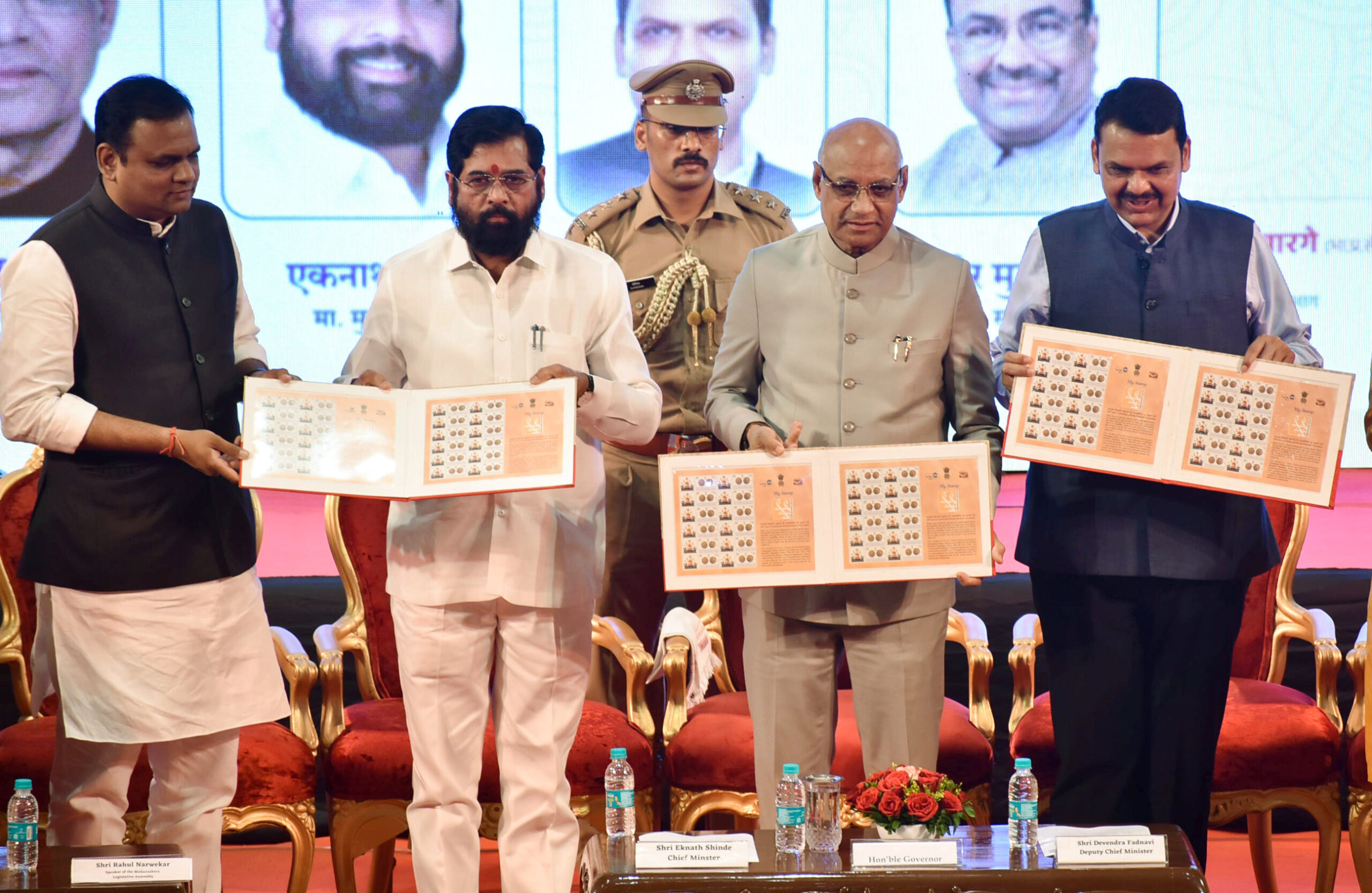 Maharashtra CM Eknath Shinde releases stamp tributing achievements of Chhatrapati Shivaji Maharaj in Mumbai