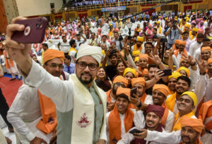 Union Minister Anurag Thakur takes selfie with graduates at the 9th Convocation Ceremony of Lakshmibai National Institute of Physical Education in Gwalior