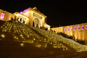 Entrance of Dashashwamedh Ghat lit up in lights to welcome foreign guests, in Varanasi