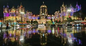 Chatrapati Shivaji Maharaj Railway Terminus seen in a patch of rainwater in Mumbai