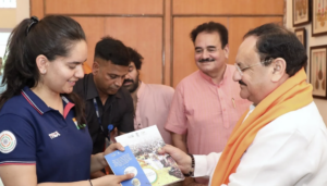 Nadda meets shooter Anjum Moudgil in Chandigarh