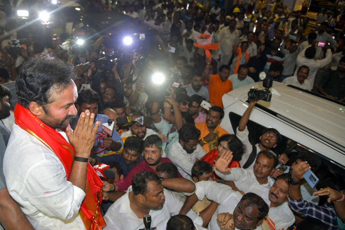 Union Minister and BJP Telangana President G Kishan Reddy waves to the crowd