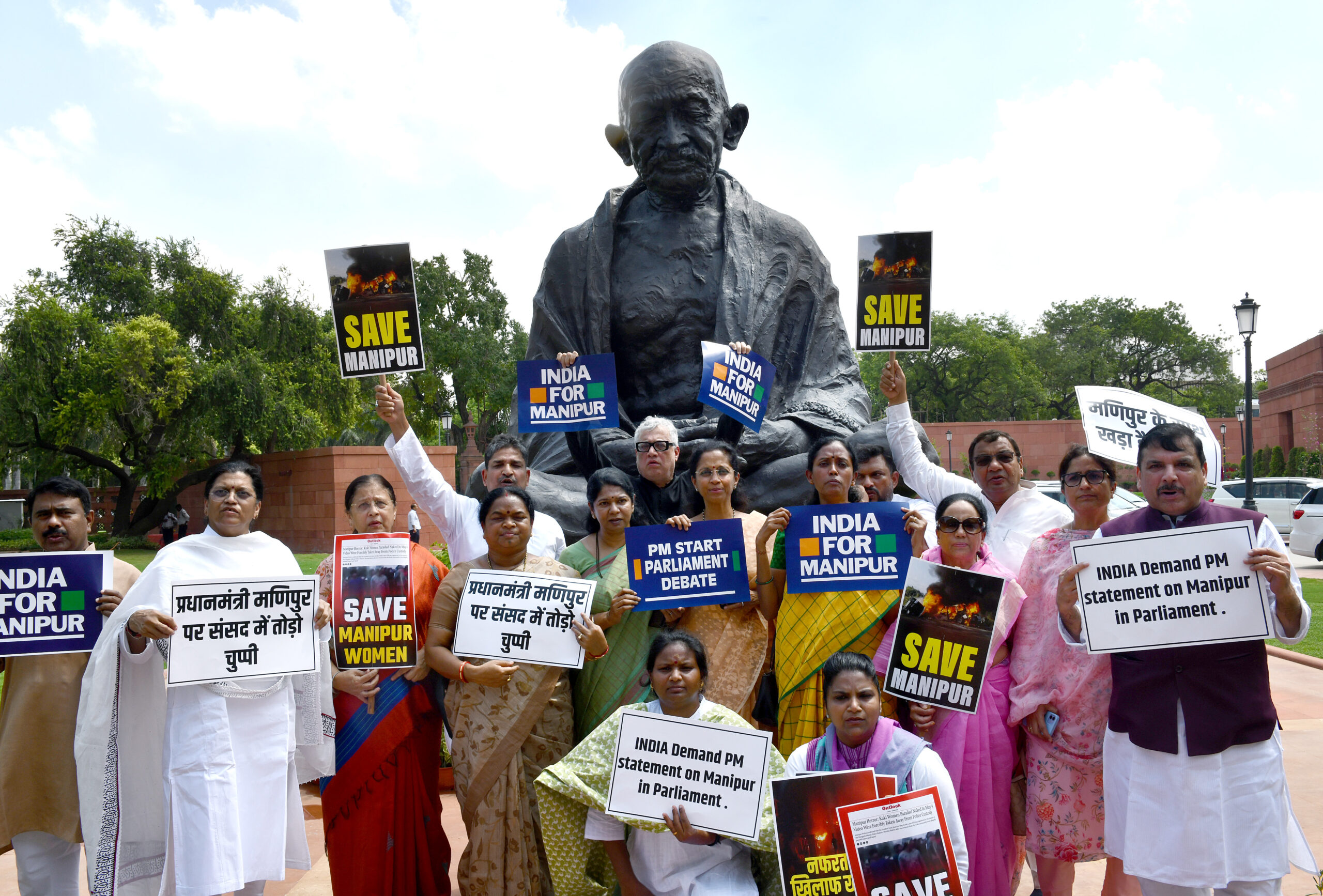 Opposition parties protest outside Parliament, demands PM Modi’s statement on Manipur