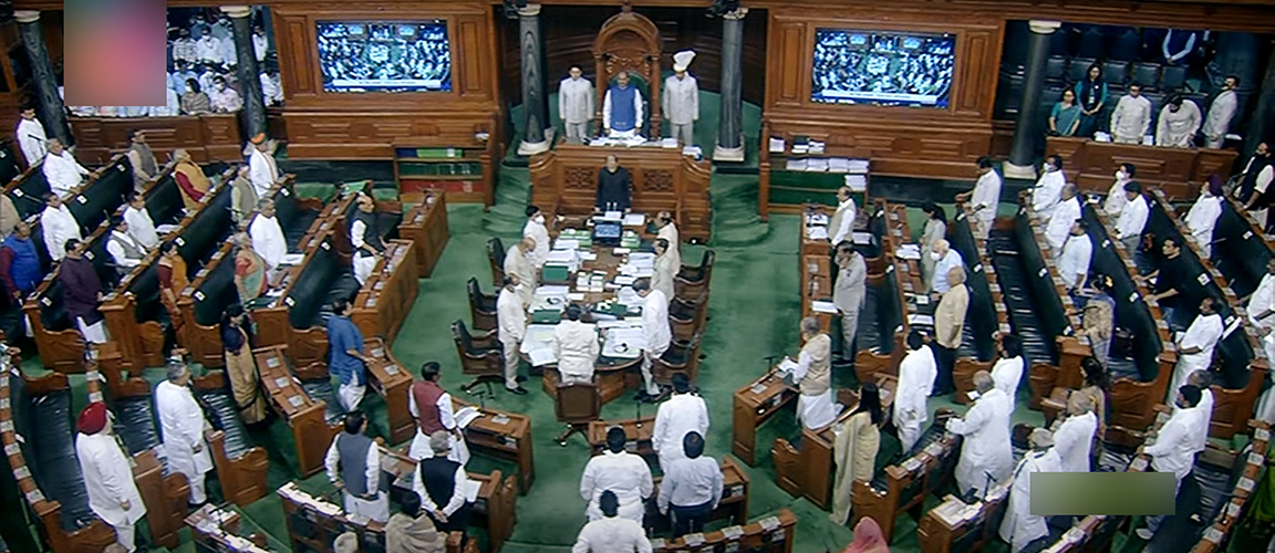 BJP MPs conduct a ‘Quit India’ protest on Parliament grounds.