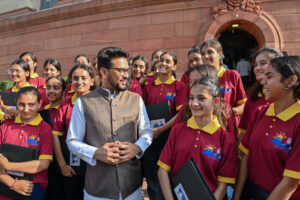 Anurag Thakur interacts with students at the Parliament House during the Monsoon Session