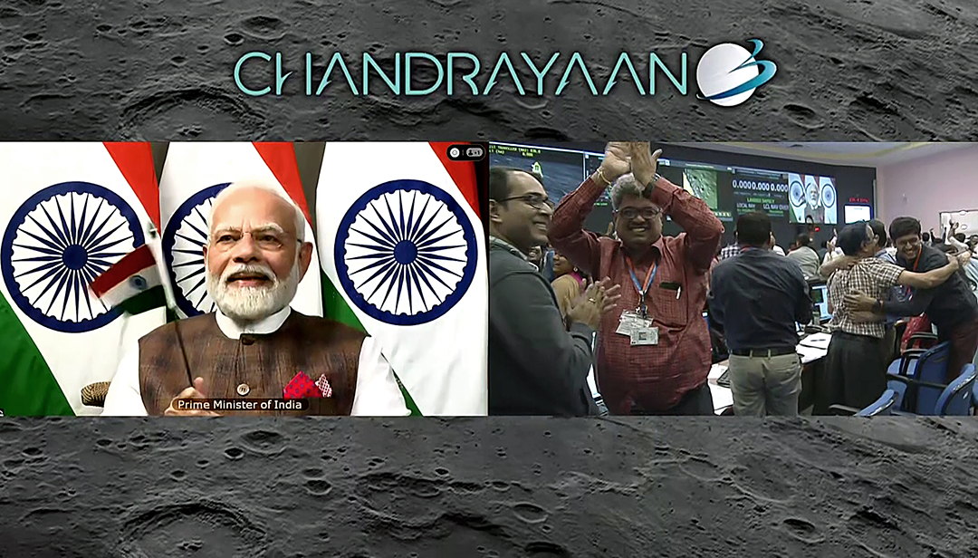 Prime Minister Narendra Modi from South Africa, and scientists celebrate after soft-landing