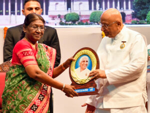 President Droupadi Murmu during the release of a postage stamp in memory of Dadi Prakashmani