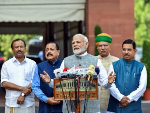 PM Narendra Modi addresses the media at the Parliament premises