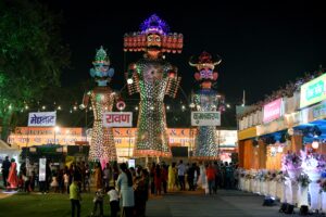 Effigies of Ravana, Meghnath and Kumbhakarna seen at Shri Dharmic Leela Committee on the eve of Dussehra