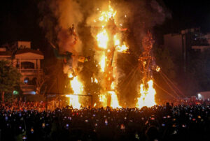 Effigies of Ravana, Kumbhkarna and Meghnad being burnt during the Dussehra celebrations