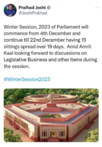 Parliament’s Winter session from Dec 4-22