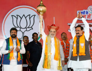 Amit Shah attends a public meeting for the Madhya Pradesh Assembly elections