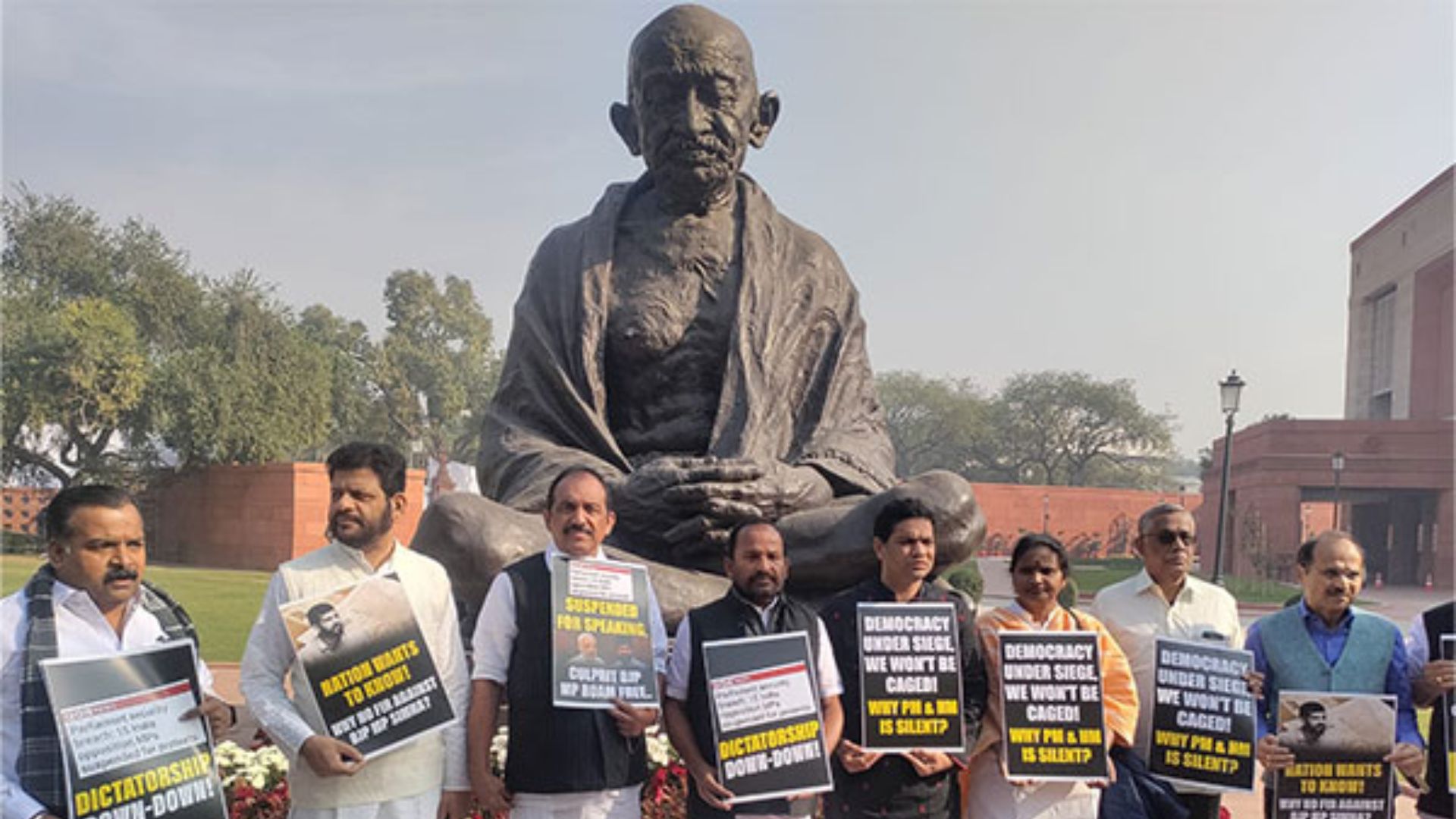 Parliament Security Breach: Opposition MPs protest in Parliament premises, demand action against BJP’s Pratap Simha