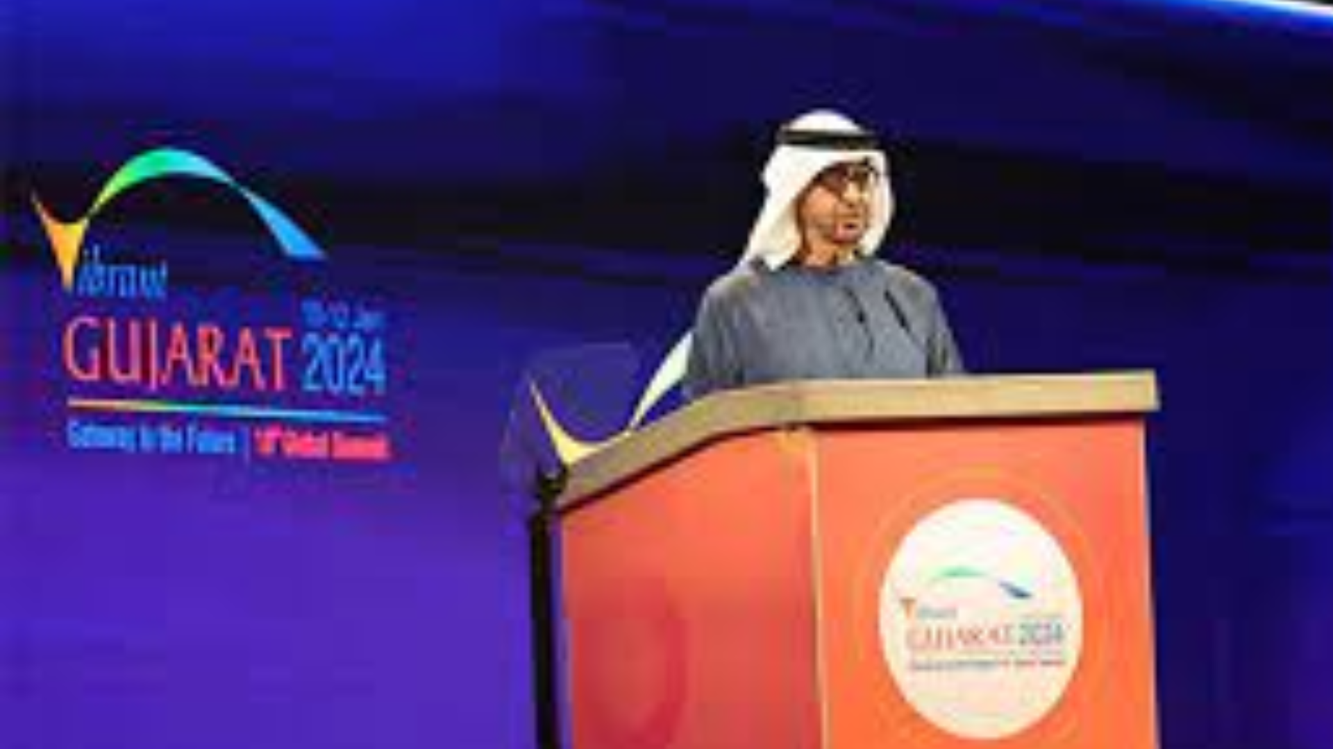 UAE President Mohamed bin Zayed Al Nahyan address the Vibrant Gujarat Global Summit 2024 at Mahatma Mandir Convention & Exhibition Centre