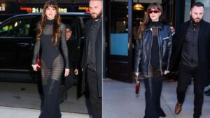 Dakota Johnson all dolled up in a sheer black bodysuit for ‘Madame Web’ promotions