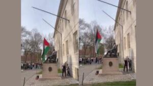 Anti-Israeli protesters hoist Palestinian flag at Harvard University in US