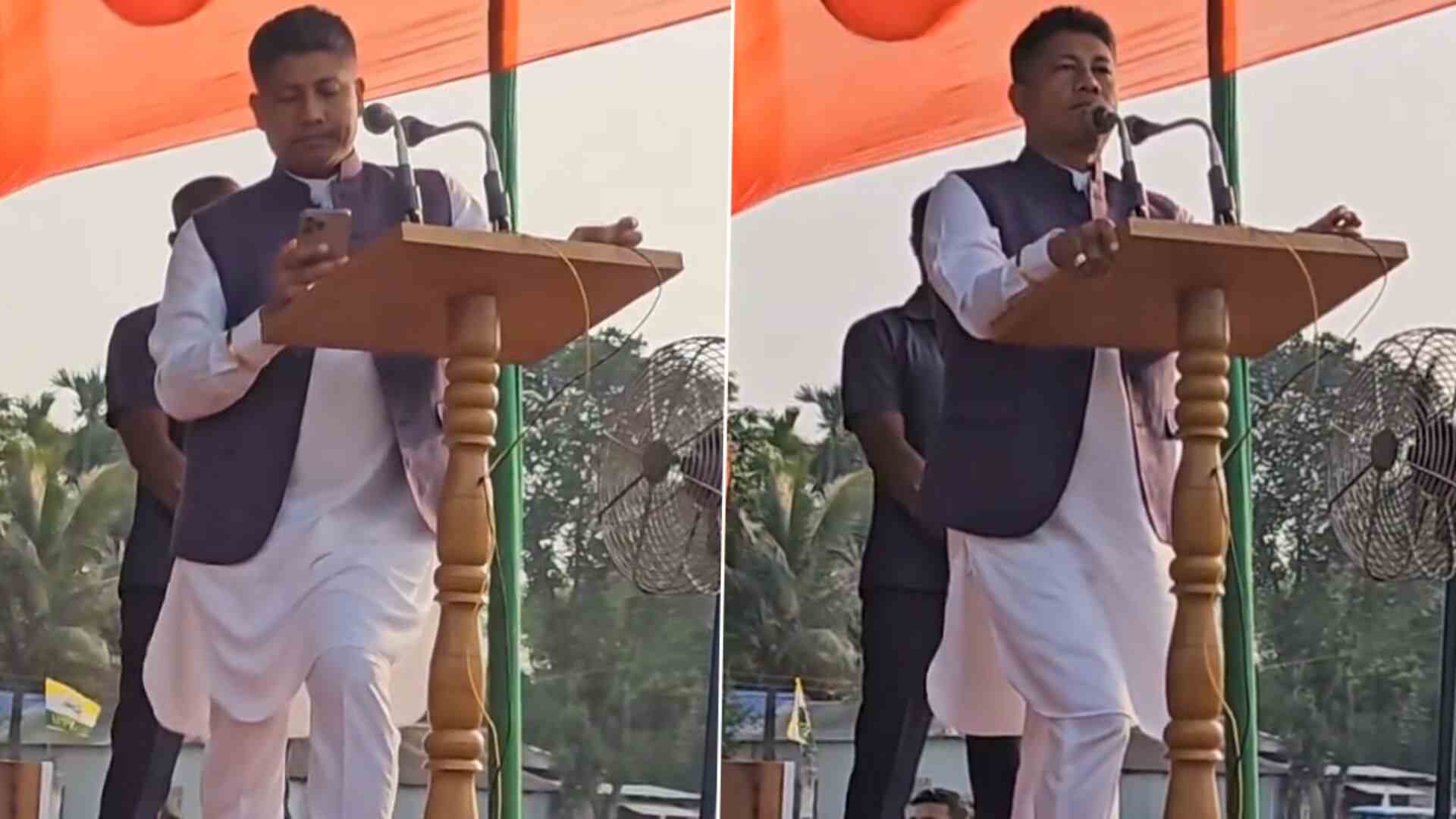 Assam minister and BJP leader Pijush Hazarika paused during his public speech when Namaz was being recited at a nearby Mosque during an election rally in Baksa district