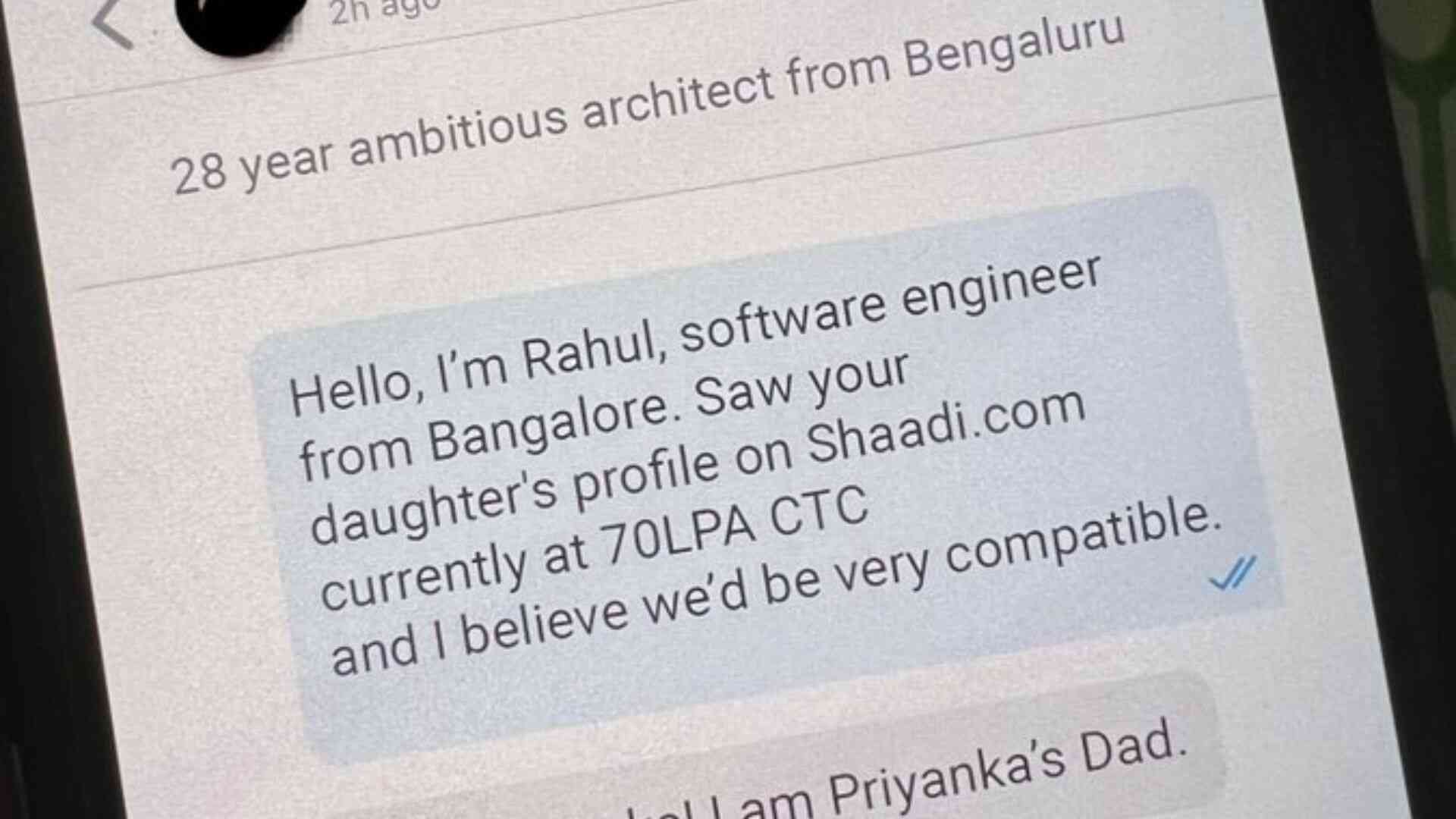 Engineer receives startling response from a woman's father on Shaadi.com (X/@naina_2728)