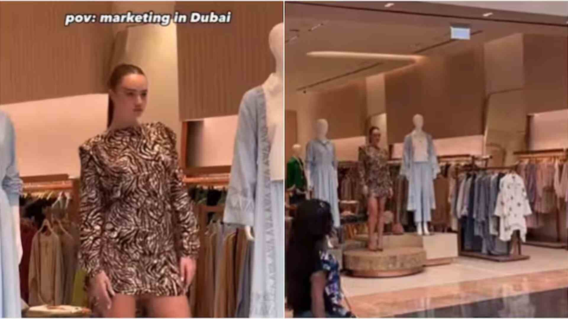 Model Poses As A Mannequin At Dubai Mall