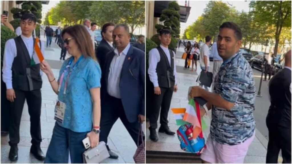 Nita Ambani, Akash Ambani Waves Indian Flag In Paris 