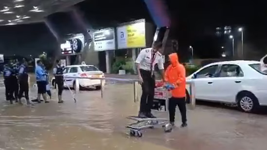 Airport or Water-Port?: Viral Video Shows Pilot Entering Jaipur Airport on Luggage Trolley Amid Flooding - WATCH