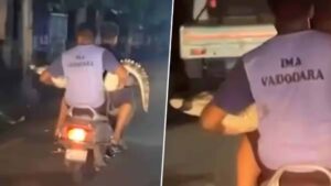 Vadodara Rescuers Ride Scooter With Crocodile In Tow | Video Goes Viral