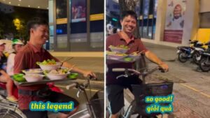 Watch: Man Skillfully Balances Soup Bowls While Cycling On Busy Road