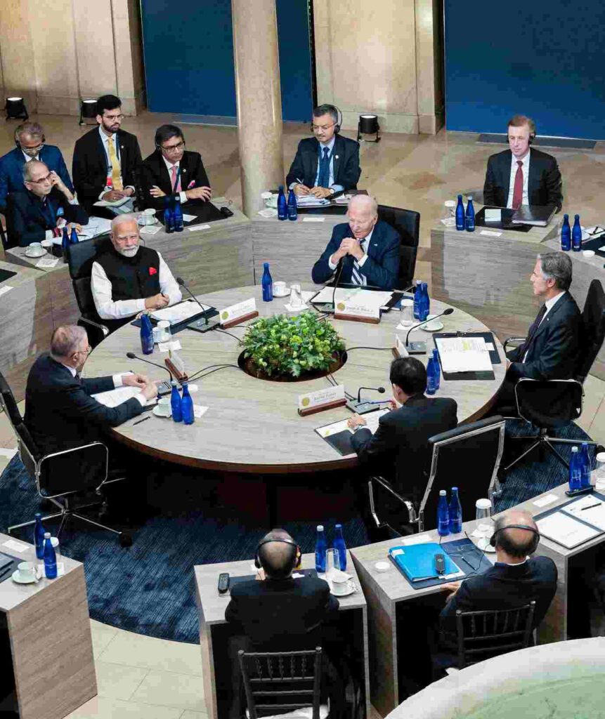 Prime Minister Narendra Modi with US President Joe Biden, Australian PM Anthony Albanese, Japanese PM Fumio Kishida at the Quad Leaders' Summit, at Wilmington in Delaware on Saturday. US Secretary of State Antony Blinken and others also present. ANI