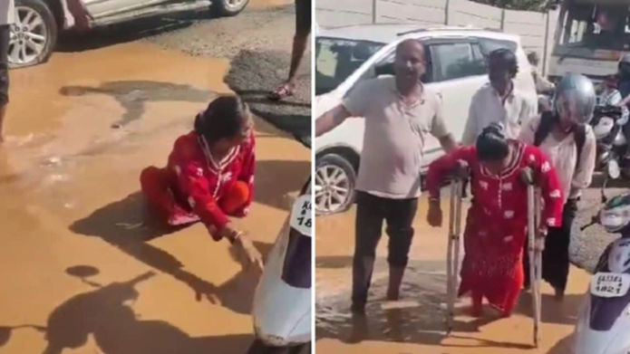 JD(S) Criticizes Bengaluru’s Infrastructure After Woman Falls Into Pothole On Waterlogged Street | WATCH